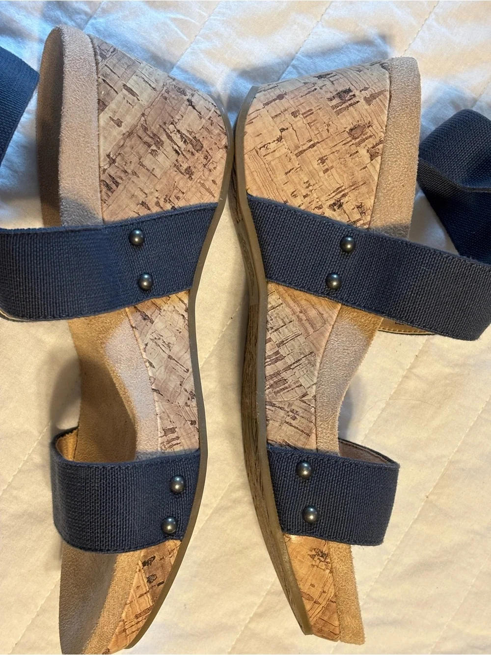 Life Stride Sandals Women Sz 9 Soft‎ Flex System Cork Wedge Heel Blue Strappy